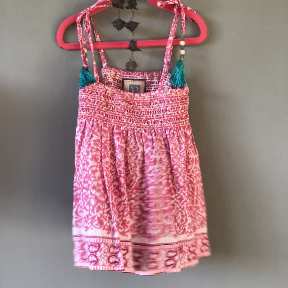 Bell ruched boho pink tank with bead/tassel trim